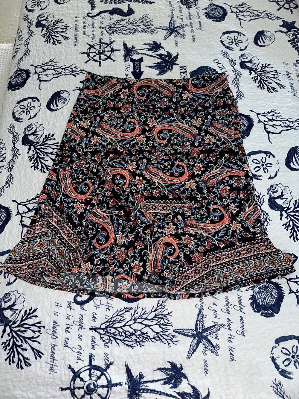 Roz & Ali Black A-Line Skirt with Coral Paisley Print